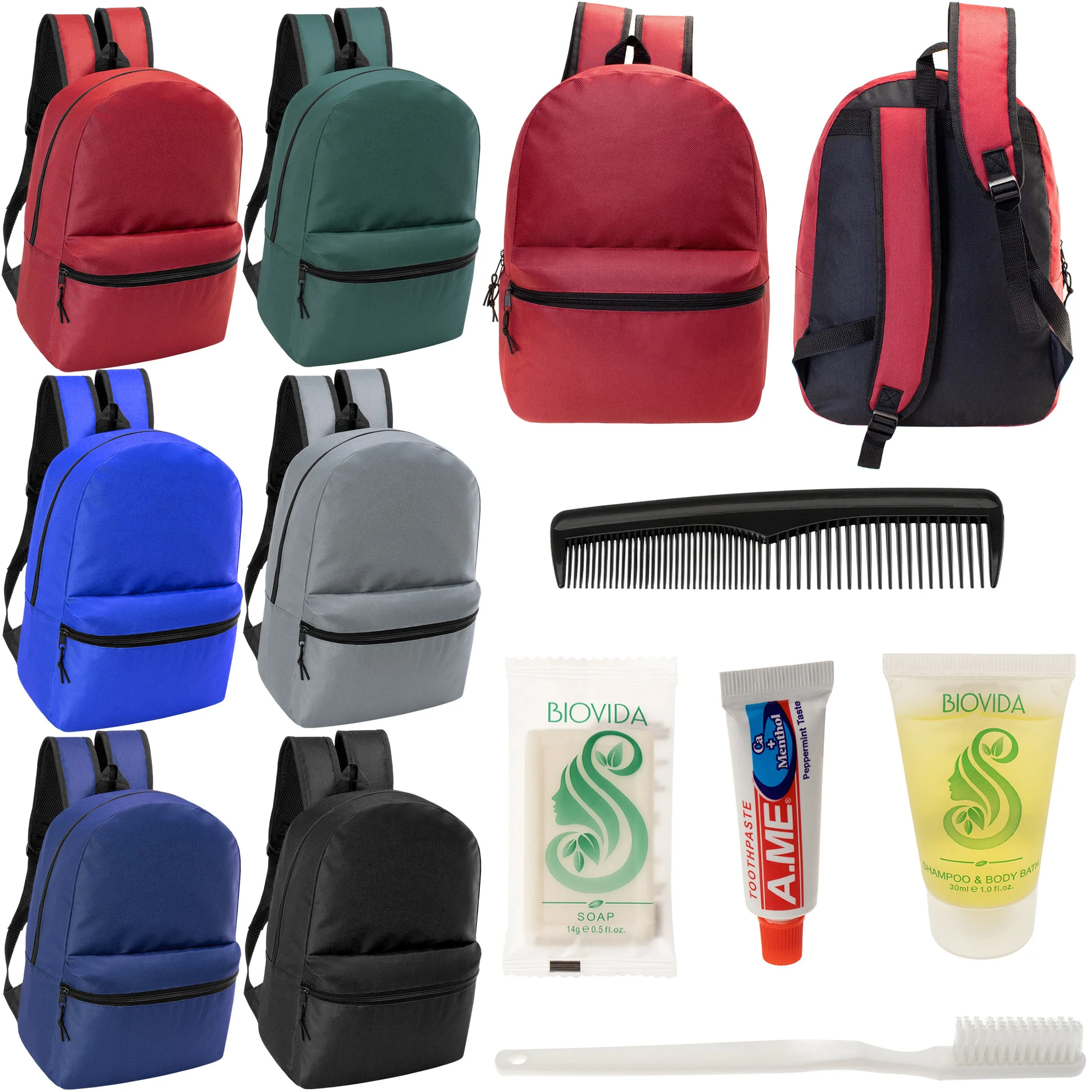 12 Basic 18.5" Backpacks in 6 Assorted Colors & Your Choice of 12 Bulk Hygiene Kits - Wholesale Care Package: Homeless, Emergency, Charity