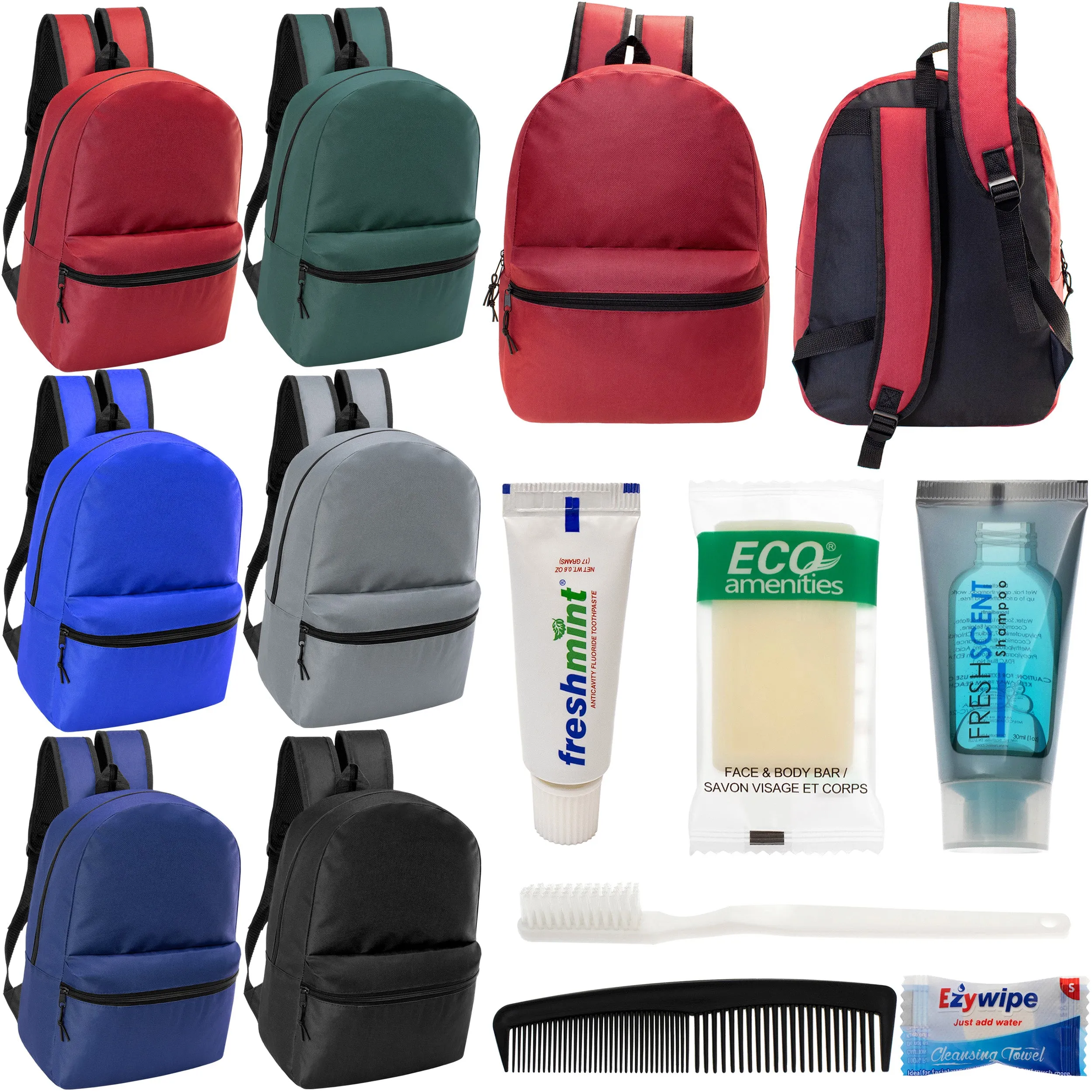 12 Basic 18.5" Backpacks in 6 Assorted Colors & Your Choice of 12 Bulk Hygiene Kits - Wholesale Care Package: Homeless, Emergency, Charity