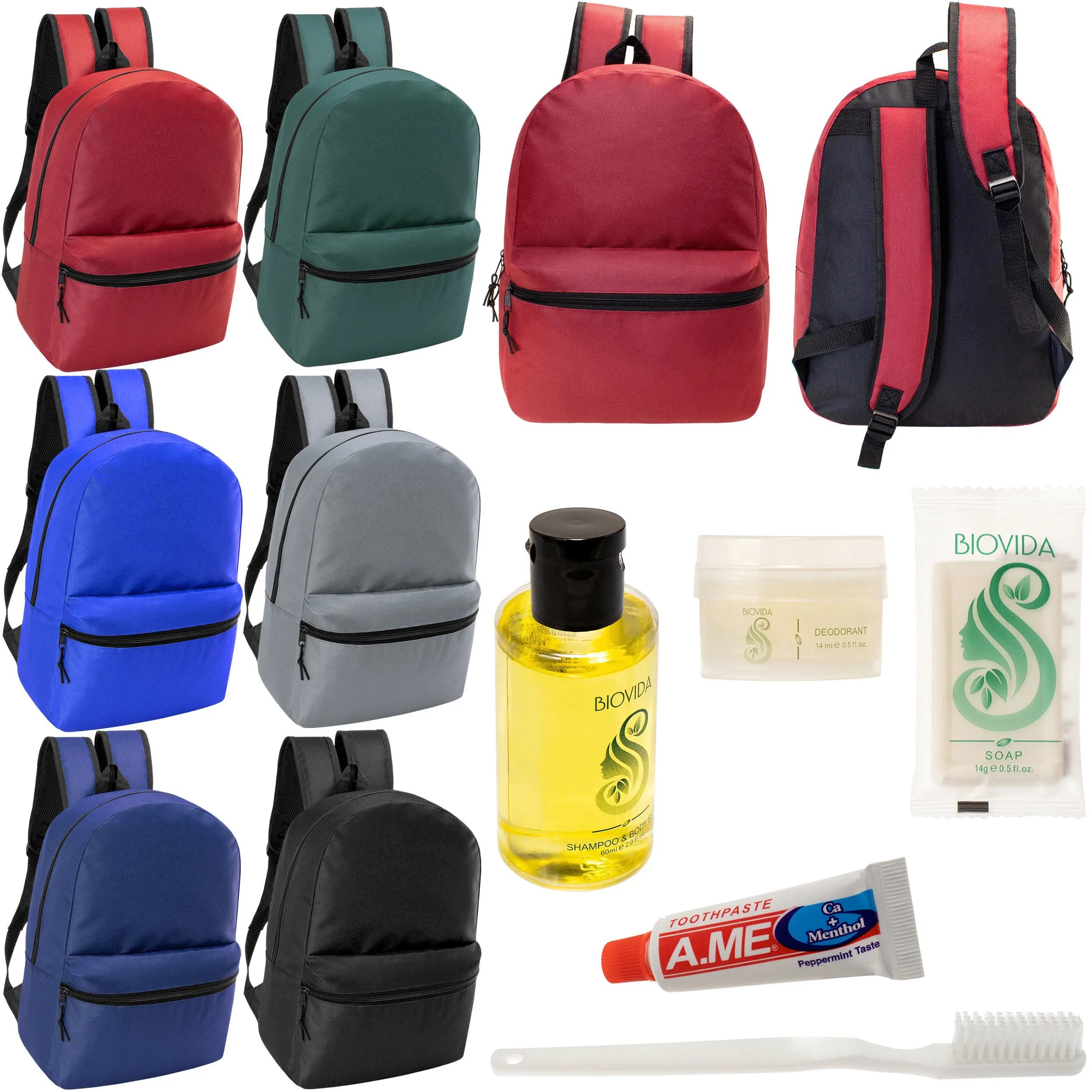 12 Basic 18.5" Backpacks in 6 Assorted Colors & Your Choice of 12 Bulk Hygiene Kits - Wholesale Care Package: Homeless, Emergency, Charity