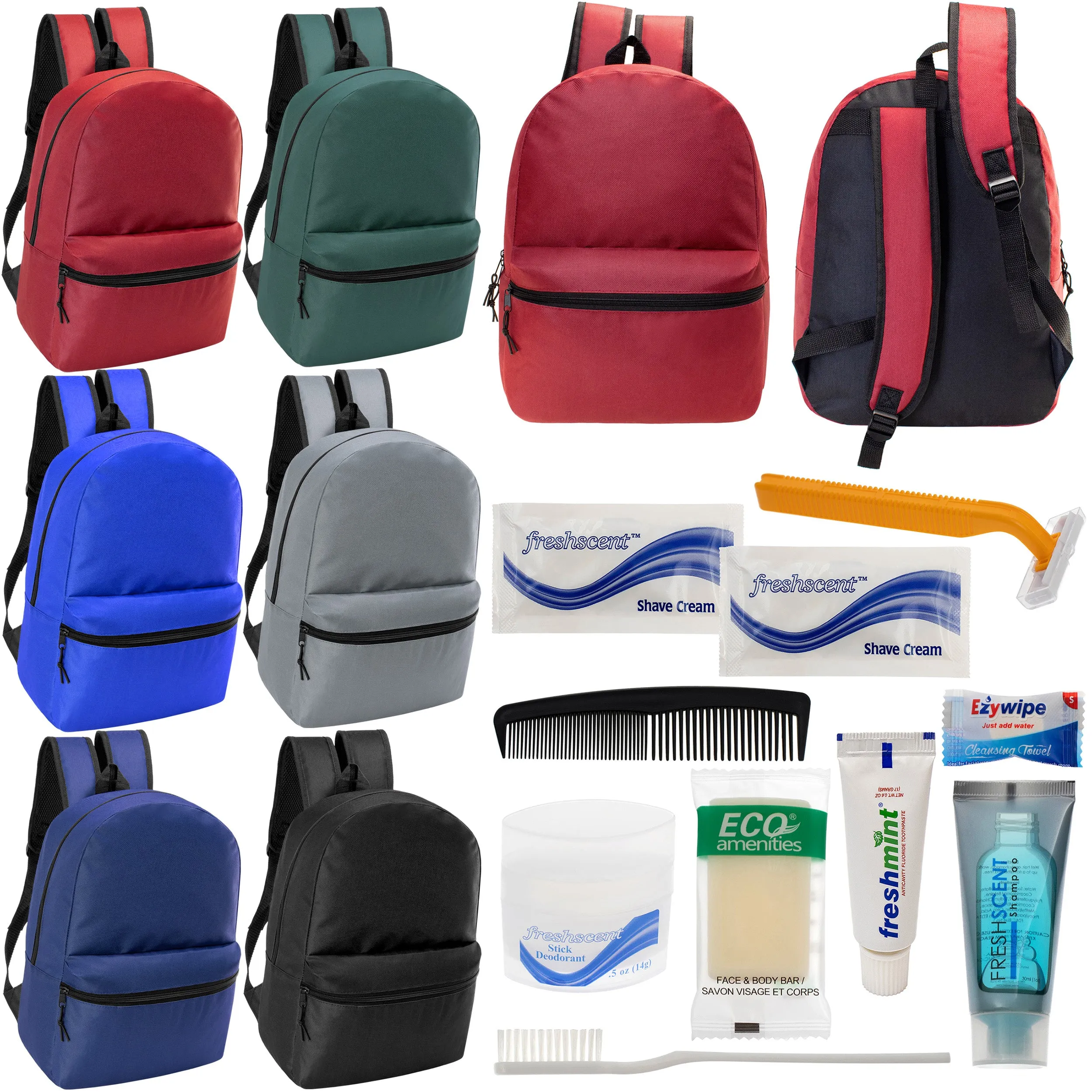 12 Basic 18.5" Backpacks in 6 Assorted Colors & Your Choice of 12 Bulk Hygiene Kits - Wholesale Care Package: Homeless, Emergency, Charity