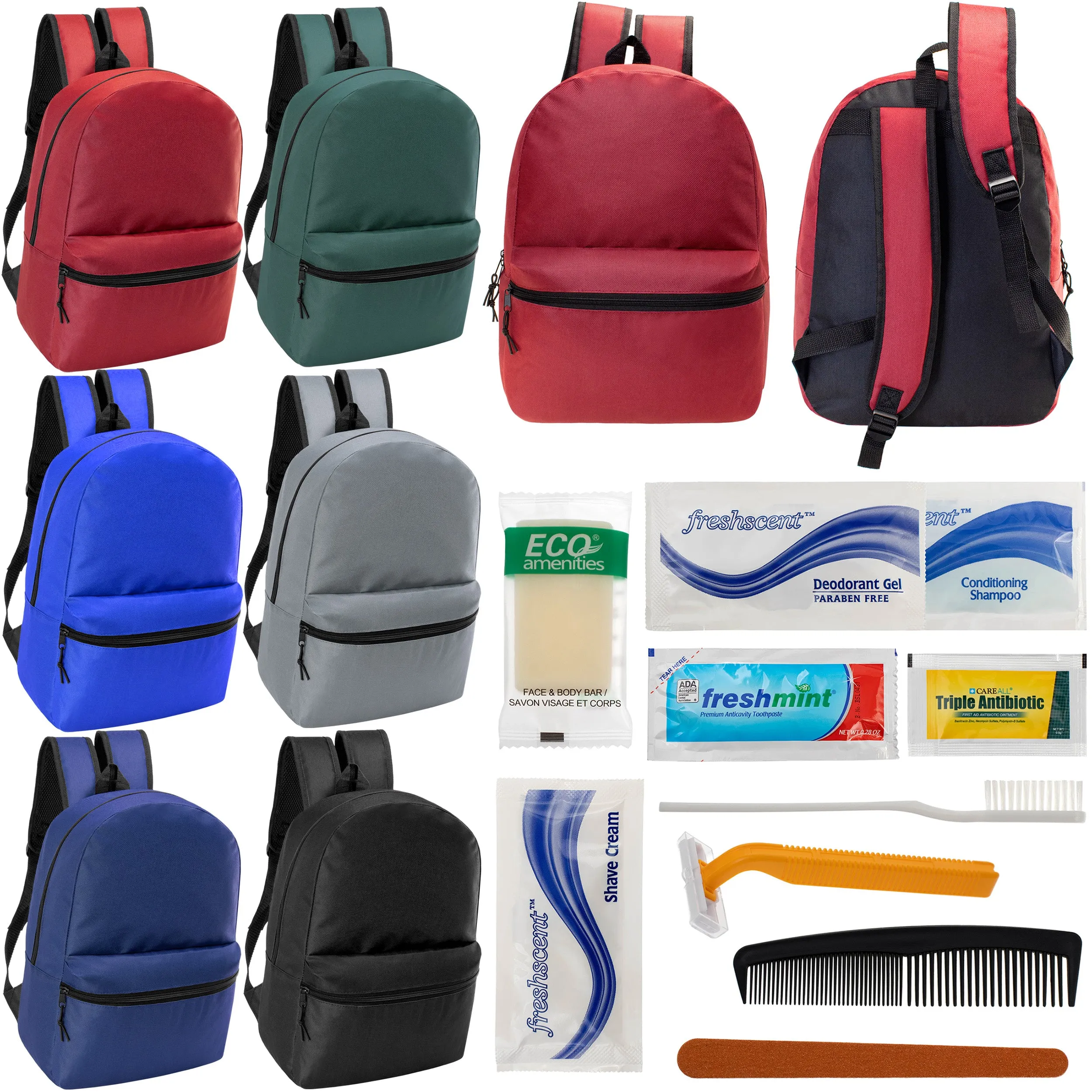 12 Basic 18.5" Backpacks in 6 Assorted Colors & Your Choice of 12 Bulk Hygiene Kits - Wholesale Care Package: Homeless, Emergency, Charity