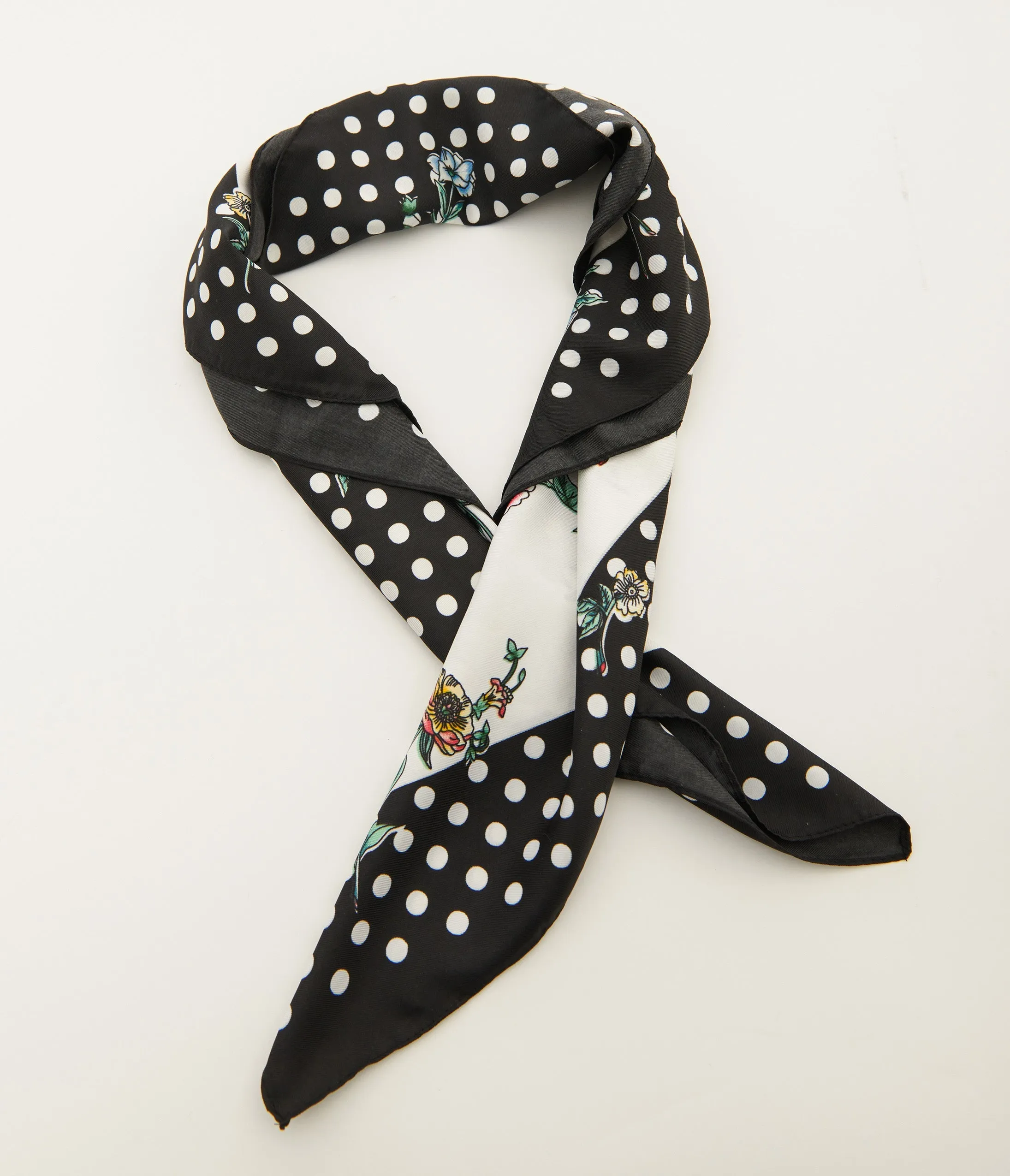 1940s White Polka Dot & Ditsy Floral Print Satin Hair Scarf