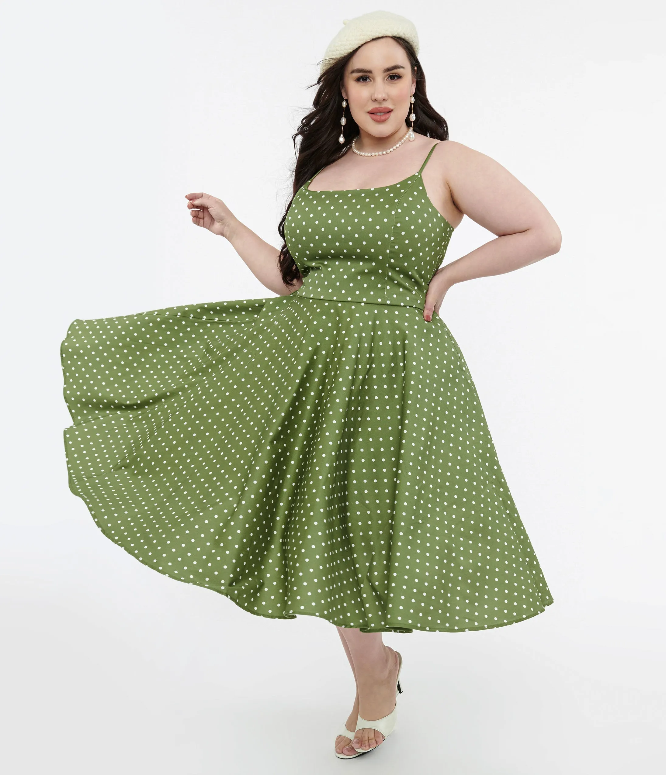 1950s Olive Green & White Polka Dot Peggy Cotton Swing Dress