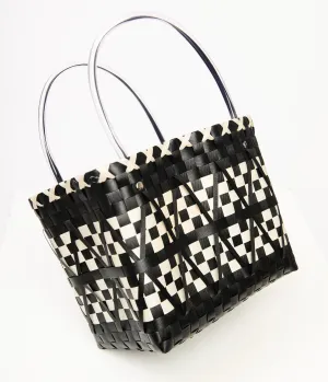 1970s Black & White Woven Chevron Basket Bag