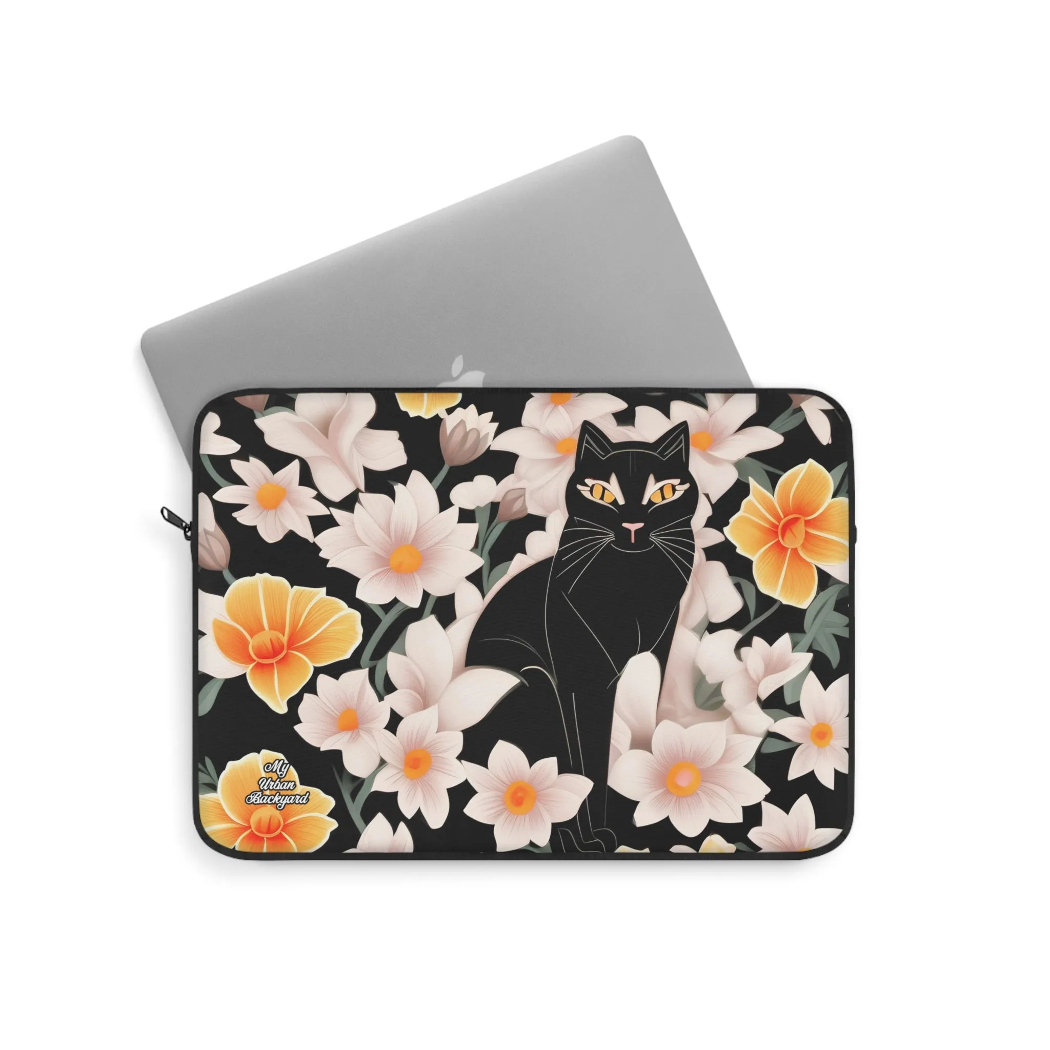 Black Cat with Flowers, Laptop Carrying Case, Top Loading Sleeve for School or Work