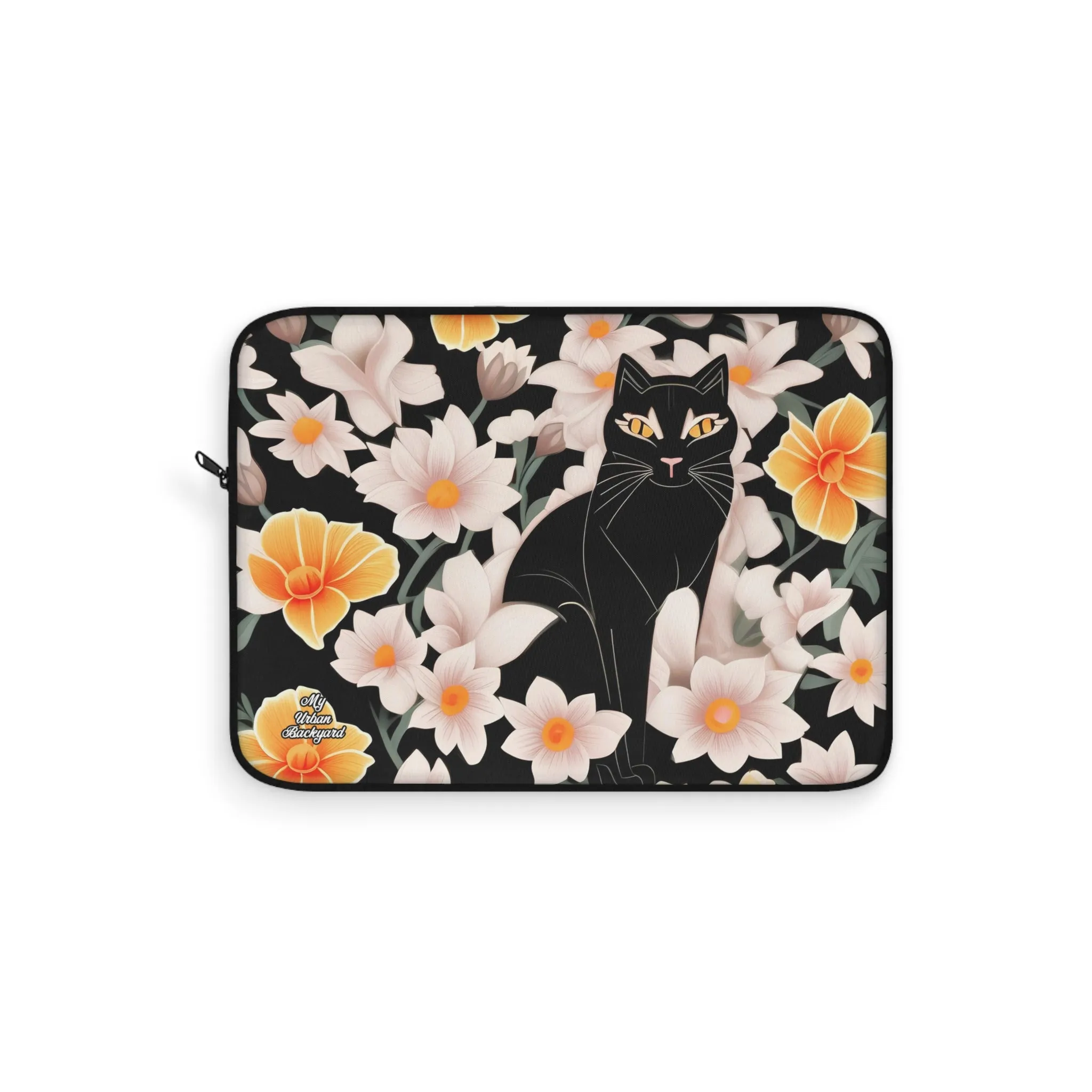 Black Cat with Flowers, Laptop Carrying Case, Top Loading Sleeve for School or Work