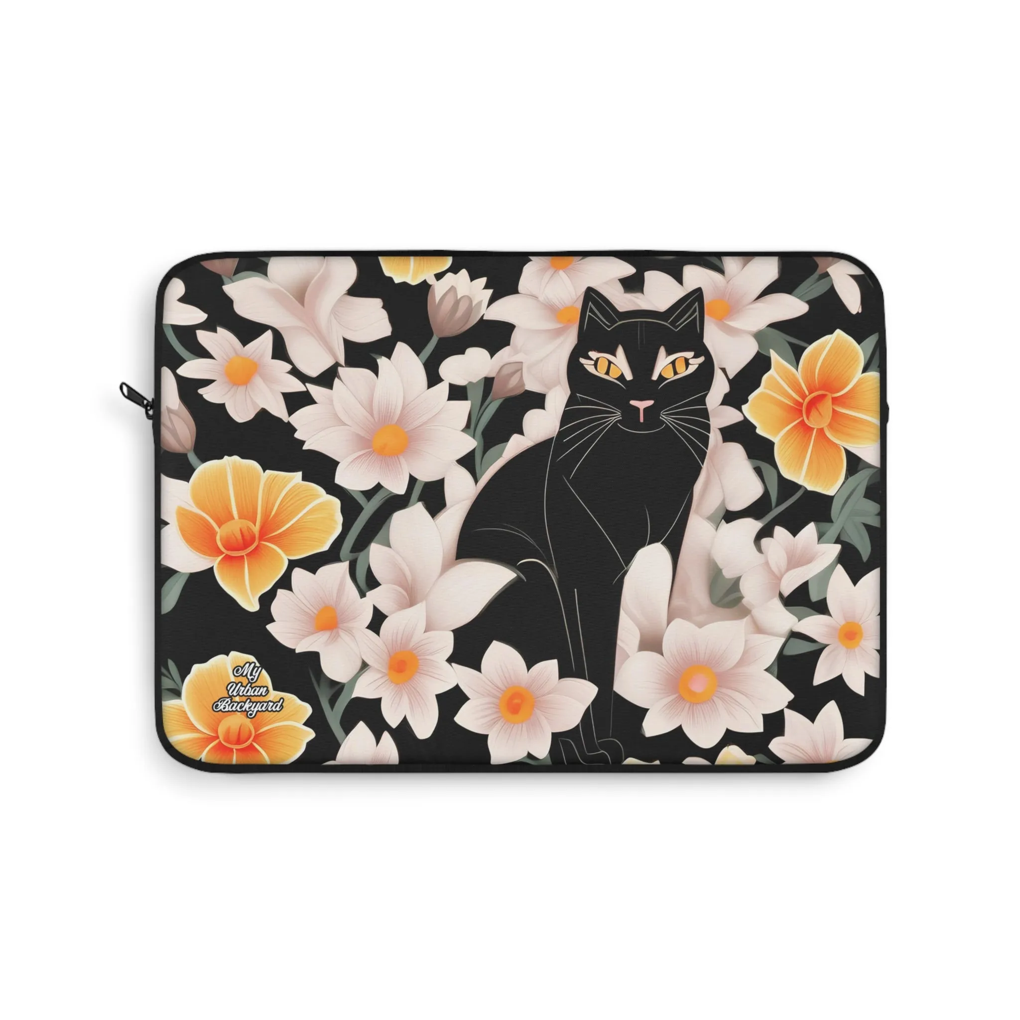 Black Cat with Flowers, Laptop Carrying Case, Top Loading Sleeve for School or Work