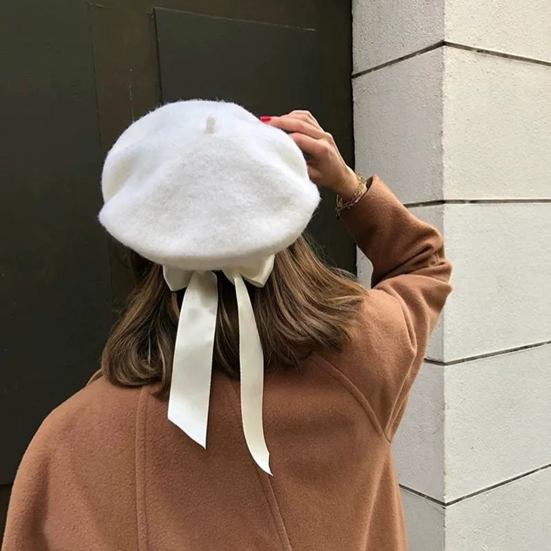 Bowknot White Wool Beret