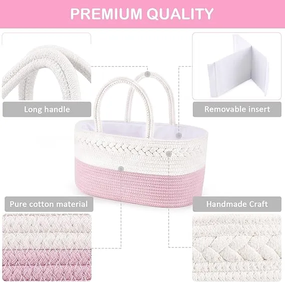 Cotton Rope Baby Diaper Caddy – Nursery Storage Bin with Removable Dividers, Portable Car Organizer