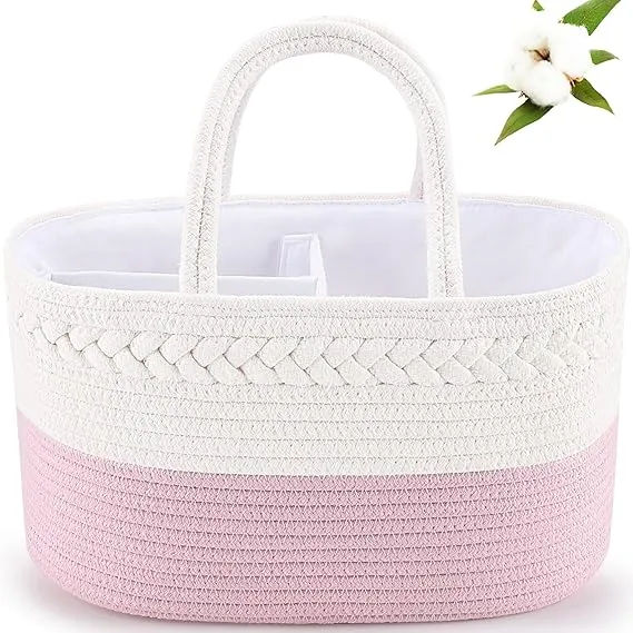 Cotton Rope Baby Diaper Caddy – Nursery Storage Bin with Removable Dividers, Portable Car Organizer