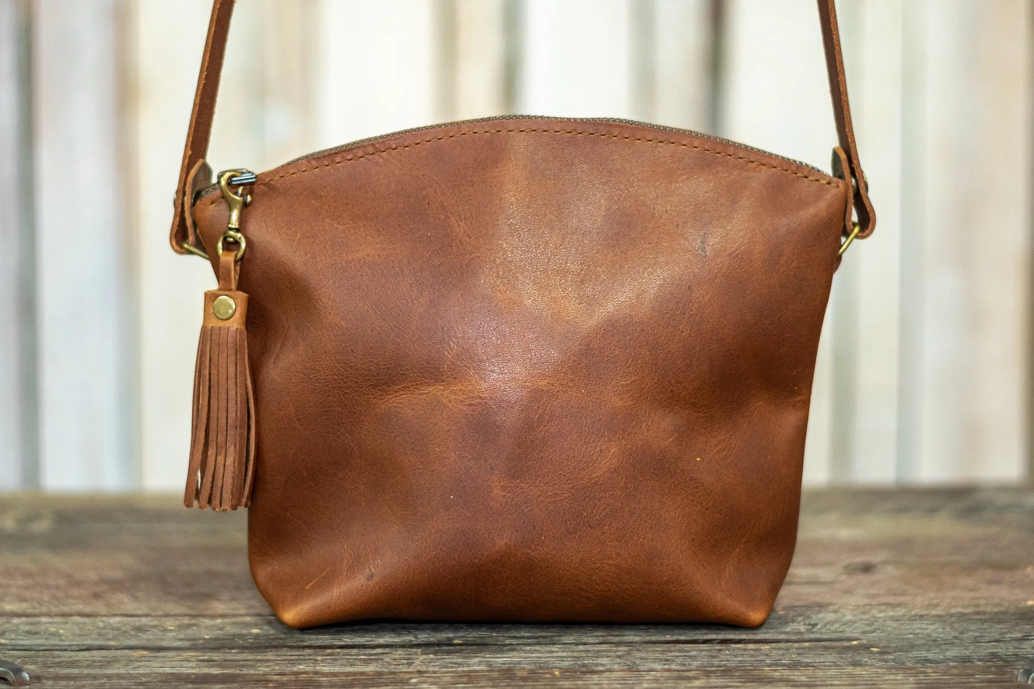 Curved Mini-Zip Bag | Made in USA | Eco Friendly Handmade Leather Purse | Small Leather Bag | Crossbody Bag | Clutch with Wrist Strap