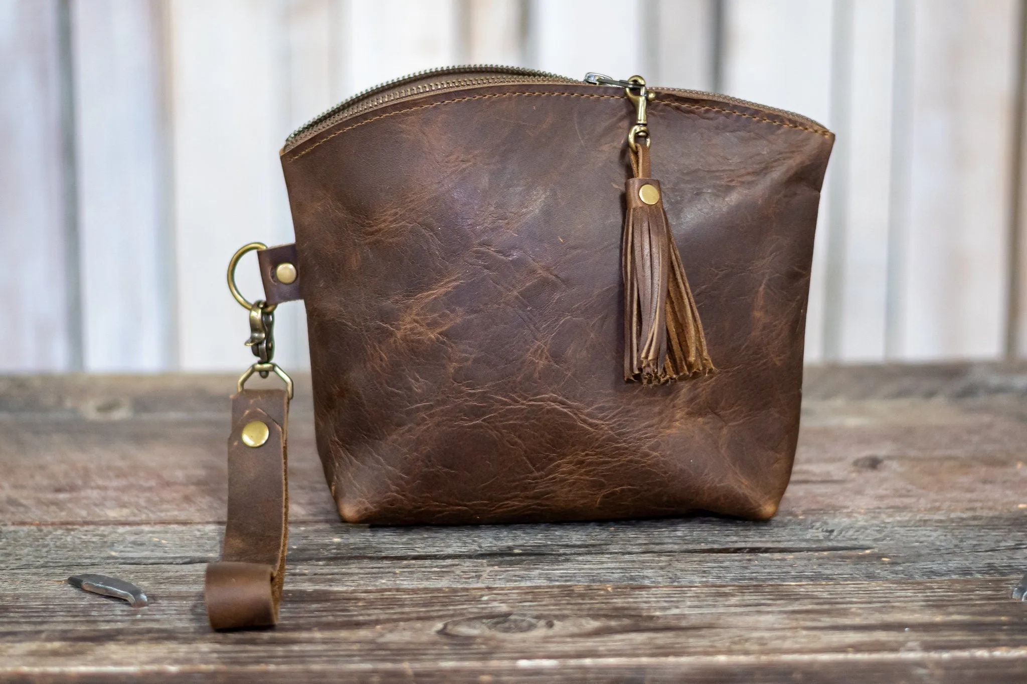 Curved Mini-Zip Bag | Made in USA | Eco Friendly Handmade Leather Purse | Small Leather Bag | Crossbody Bag | Clutch with Wrist Strap