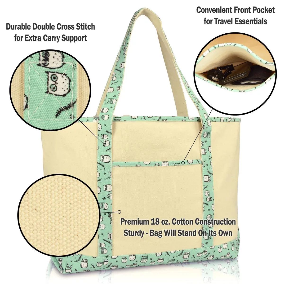 Dalix Owl Tote Shoulder Bag Natural Cotton Canvas