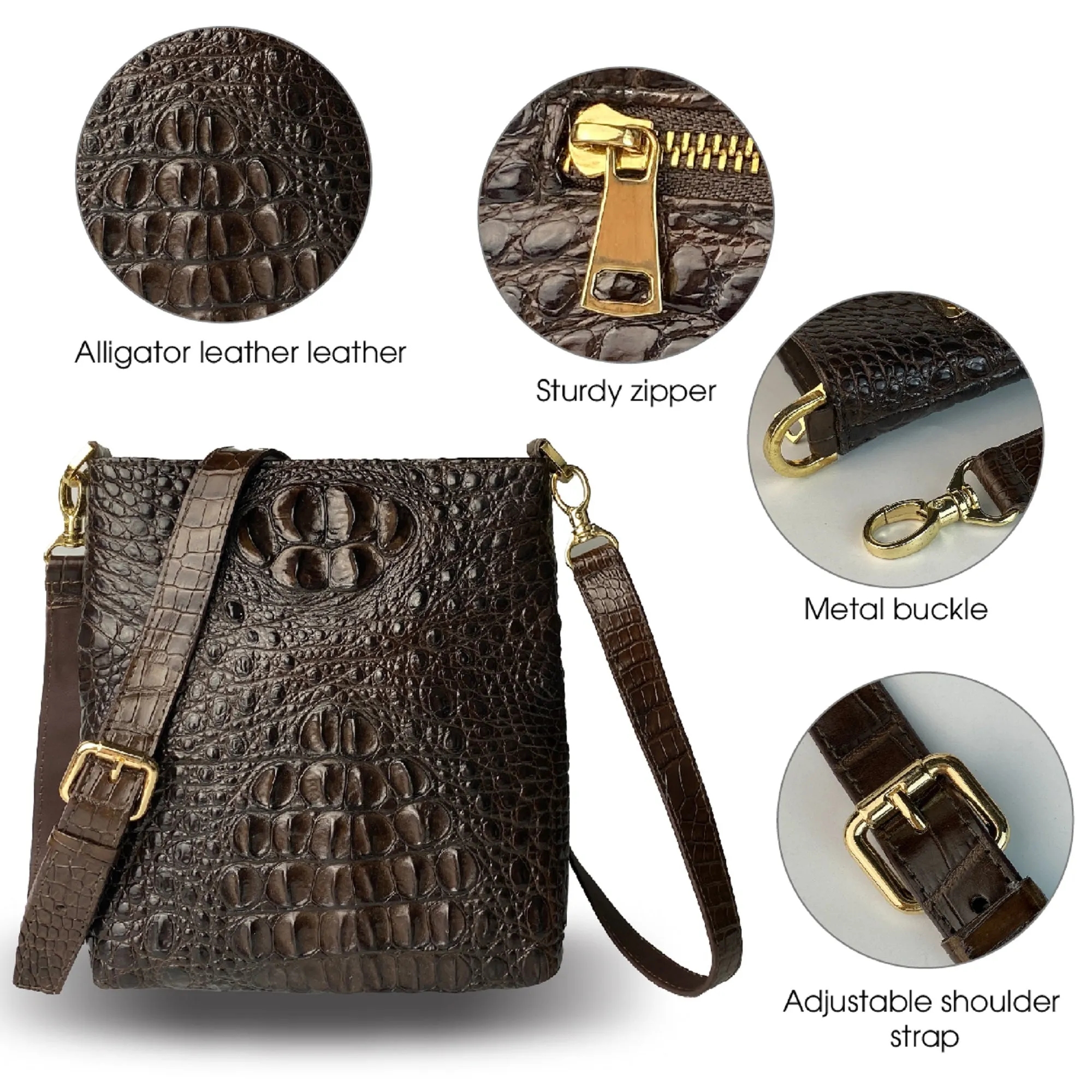 Dark Brown Men Small Messenger Bag Alligator Leather Crossbody Shoulder Bag Crocodile Belly Skin Casual Daypack Work Business Outdoor Cycling Hiking Travel