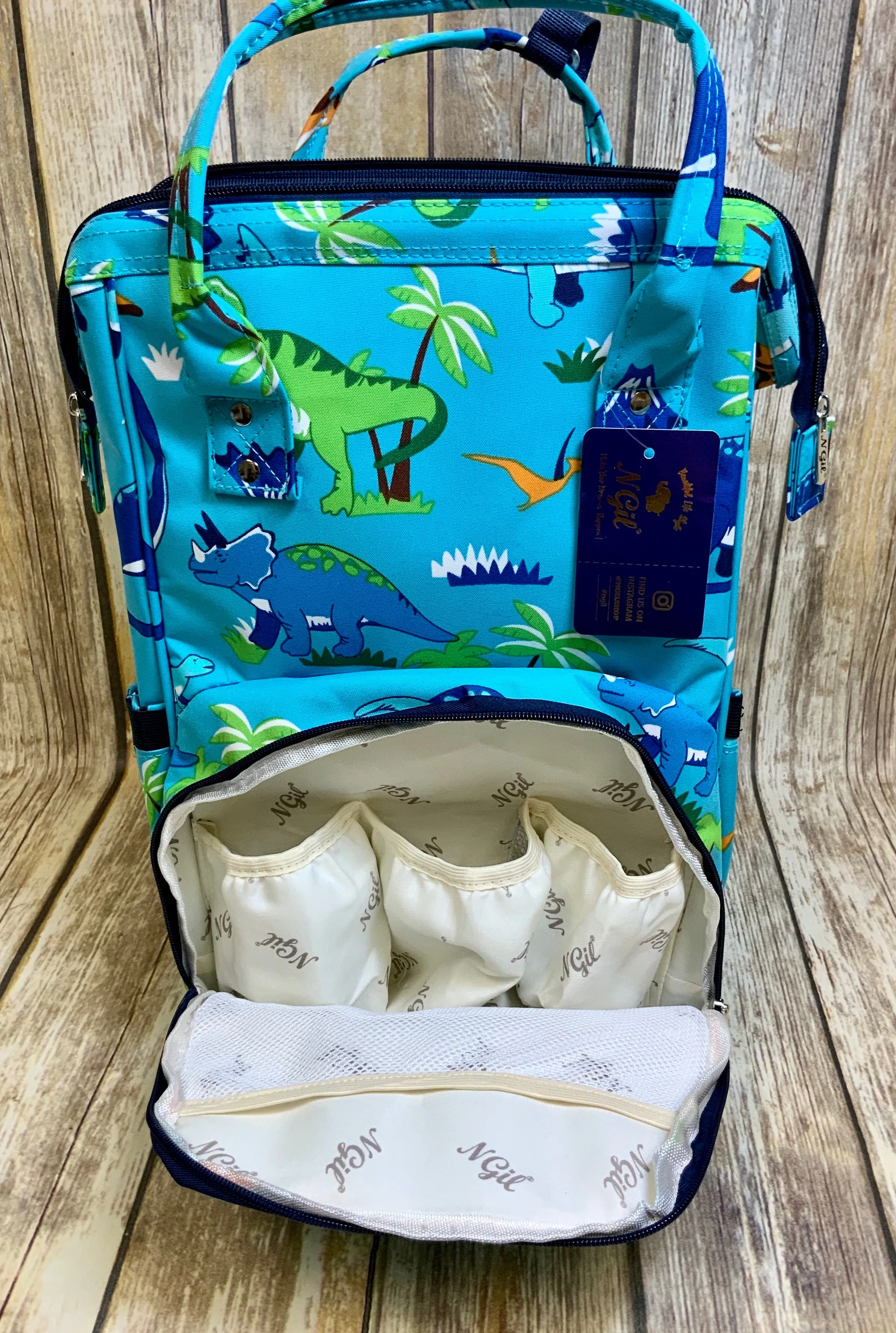 Dinosaur World Day Bag /Diaper Bag Backpack Light Blue with Navy Trim (High Quality Canvas NGIL Brand)