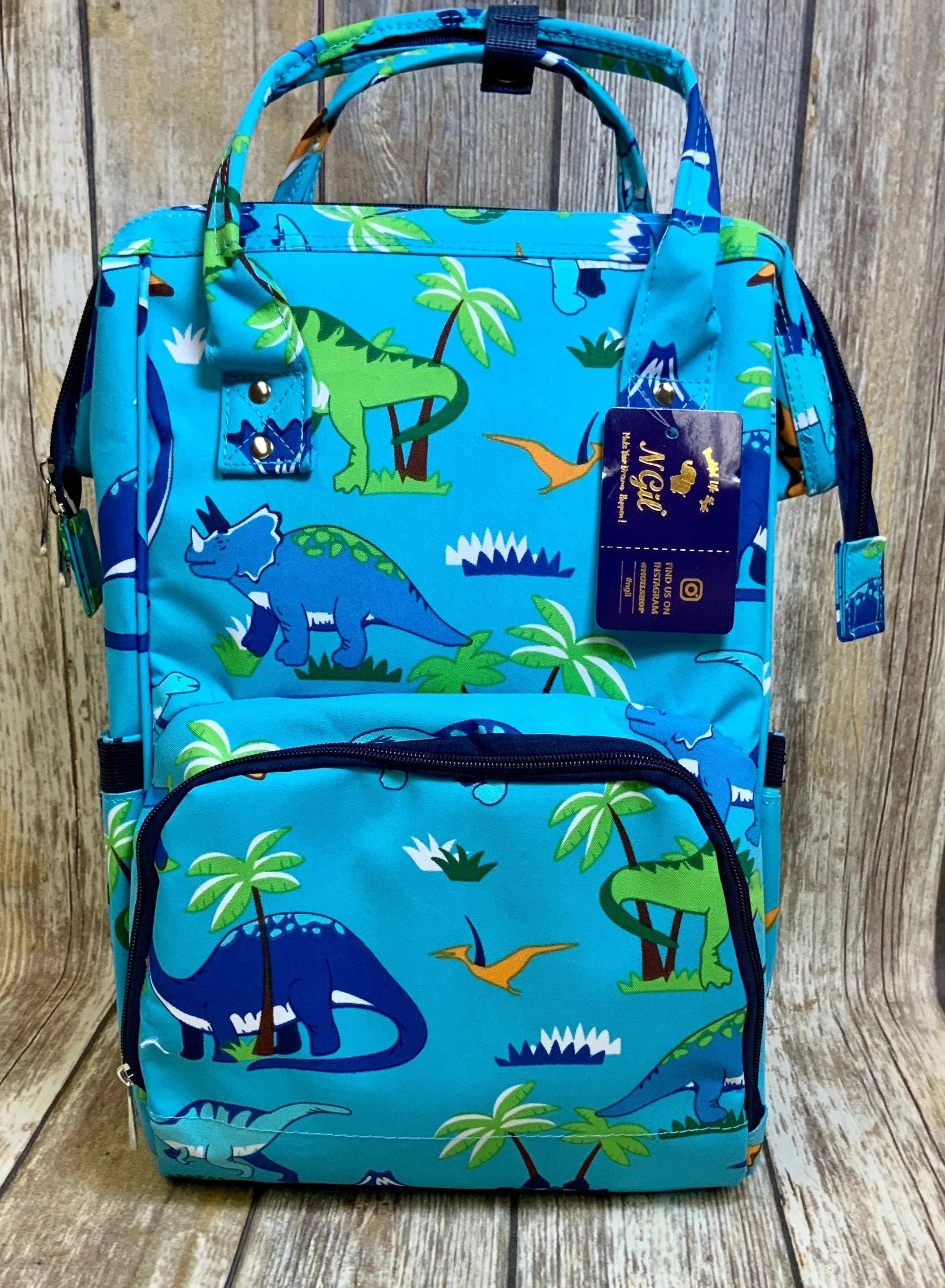 Dinosaur World Day Bag /Diaper Bag Backpack Light Blue with Navy Trim (High Quality Canvas NGIL Brand)