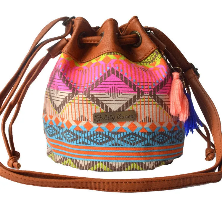 Drawstring Plaid Messenger Bucket Bag