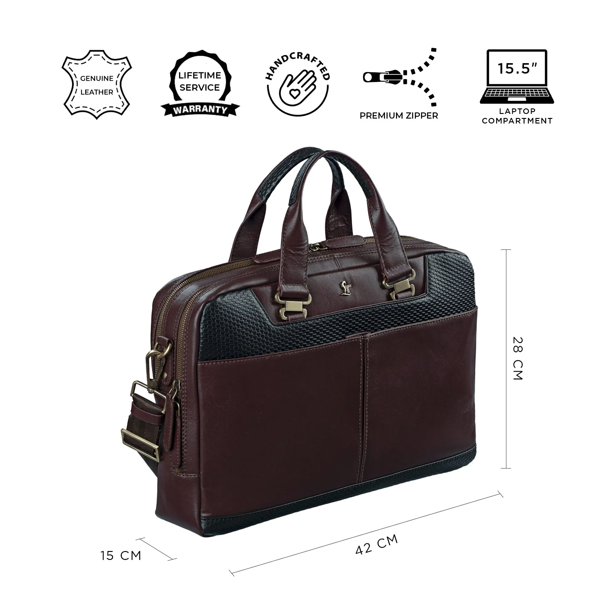 Fortune Series Double Zipper Leather Portfolio Bag for Men | Genuine Leather Laptop Bag | Color:  Brown & Black