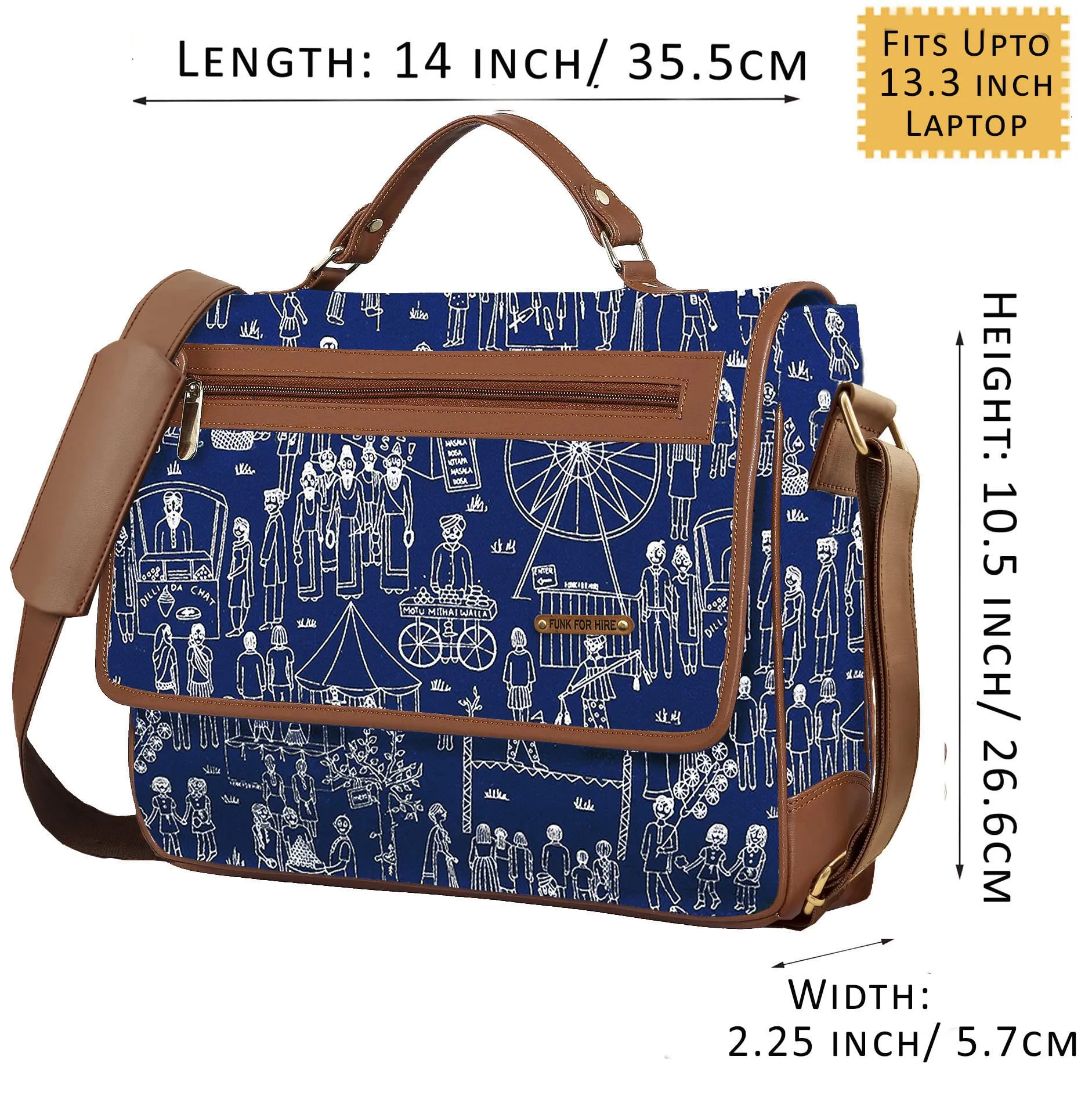 Funk For Hire Printed Petrol Blue Cotton Canvas and Leatherette Unisex Laptop sling Bag - fit upto 13.3 inch screen size laptop