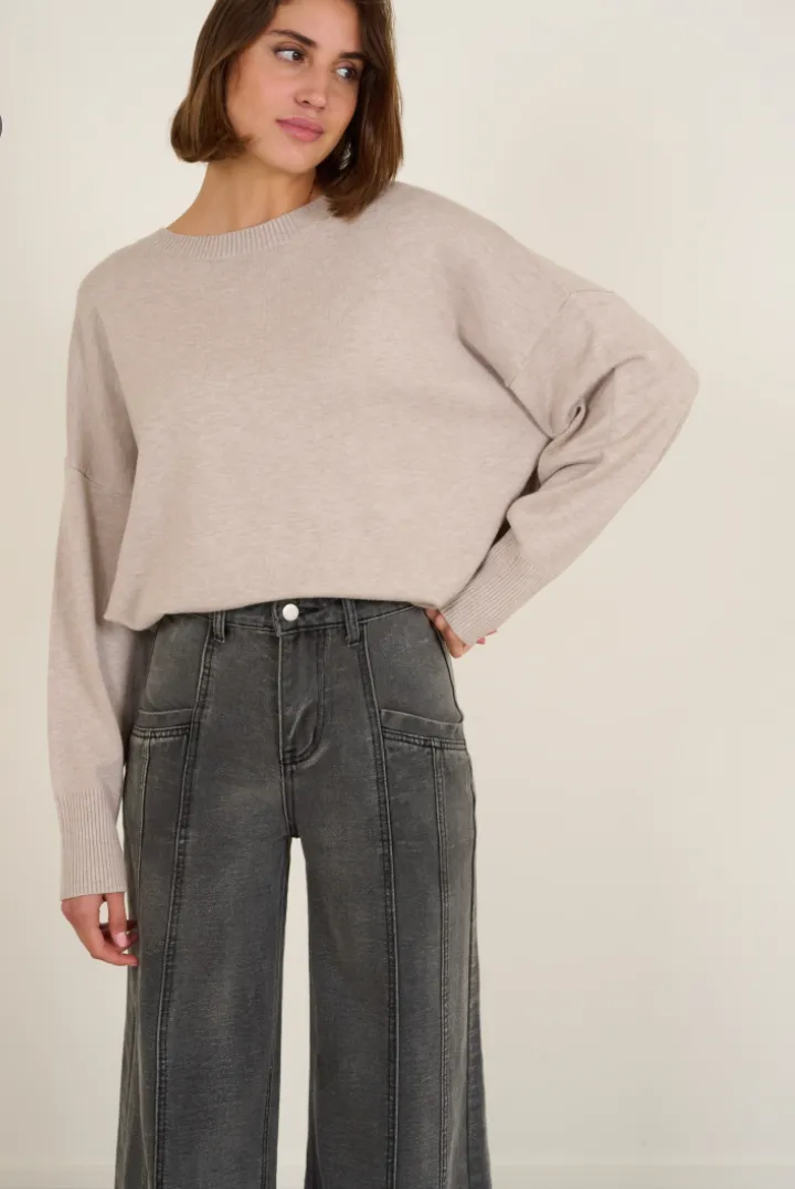 Heavy Knit Long Rib Neck Sweater Taupe