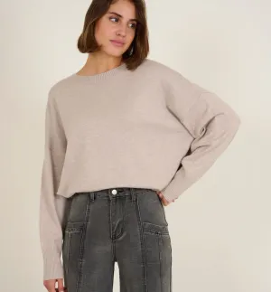 Heavy Knit Long Rib Neck Sweater Taupe