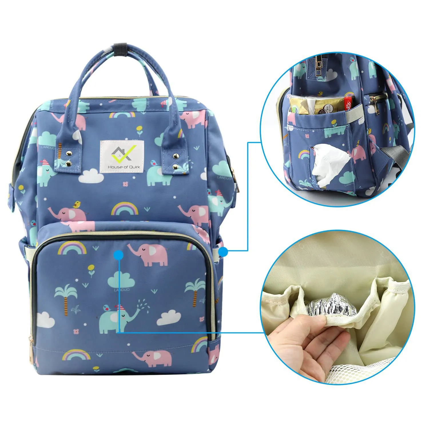 House of Quirk Baby Diaper Bag Maternity Backpack (Blue Elephant Printed)