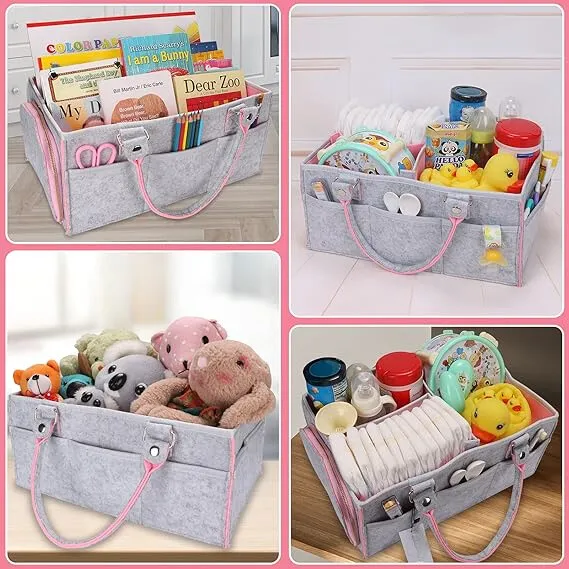 Large Felt Diaper Caddy Organizer | Portable Baby Shower Gift Basket and Craft Caddy (Pink)