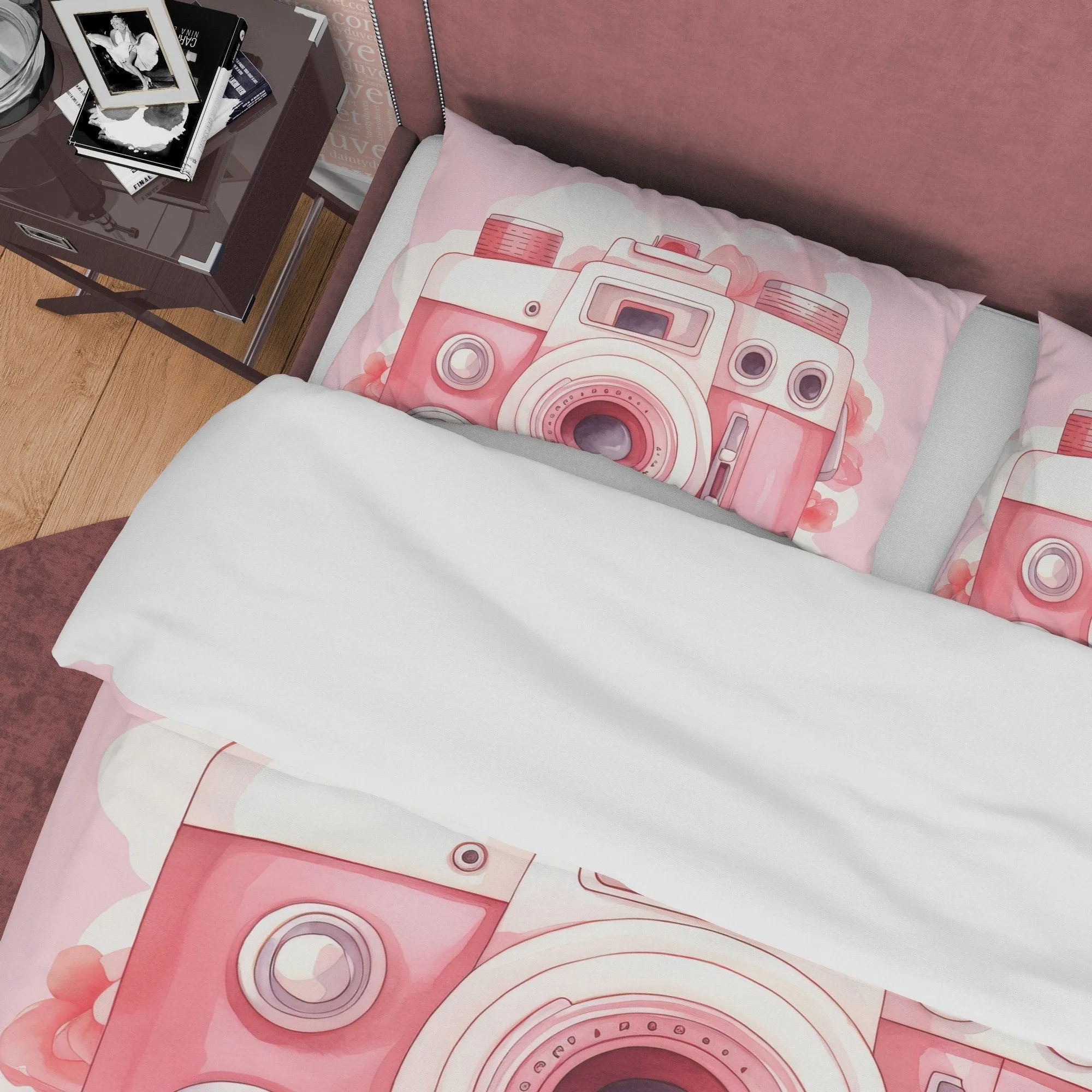 Lovely Retro Camera Duvet Cover Set Baby Pink Bedding, Girly Bedroom Set, Cute Quilt Cover, Photophille Bedspread, Photographer Gift