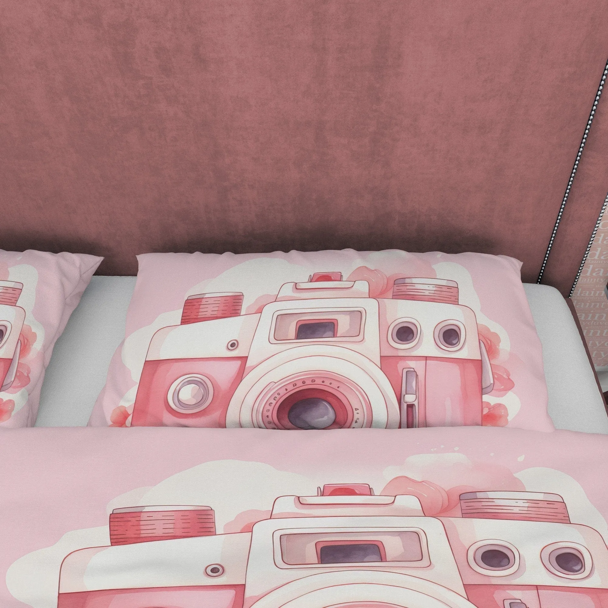 Lovely Retro Camera Duvet Cover Set Baby Pink Bedding, Girly Bedroom Set, Cute Quilt Cover, Photophille Bedspread, Photographer Gift