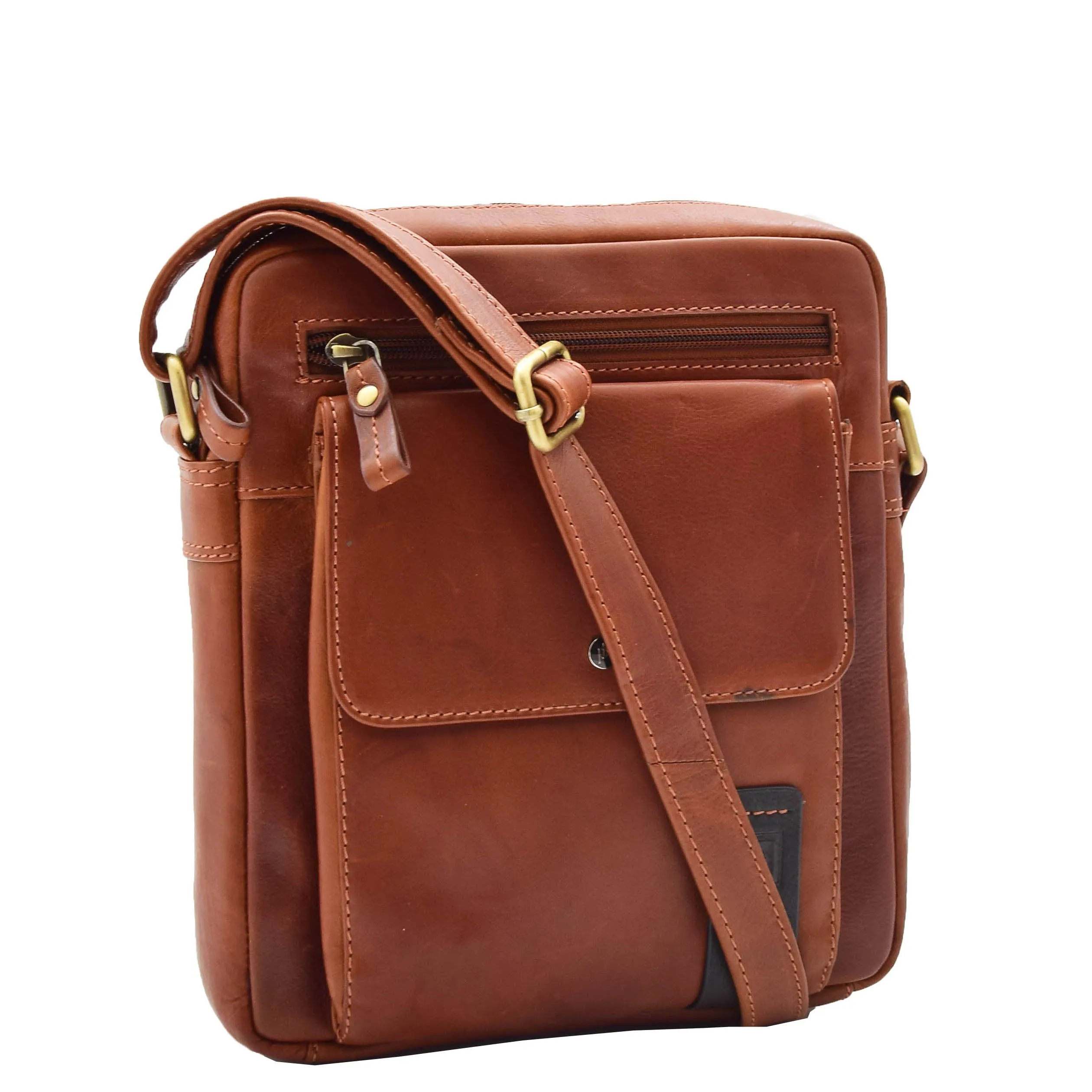 Mens Genuine Leather Trendy Messenger Cross Body Bag Casual Organiser Leo Chestnut