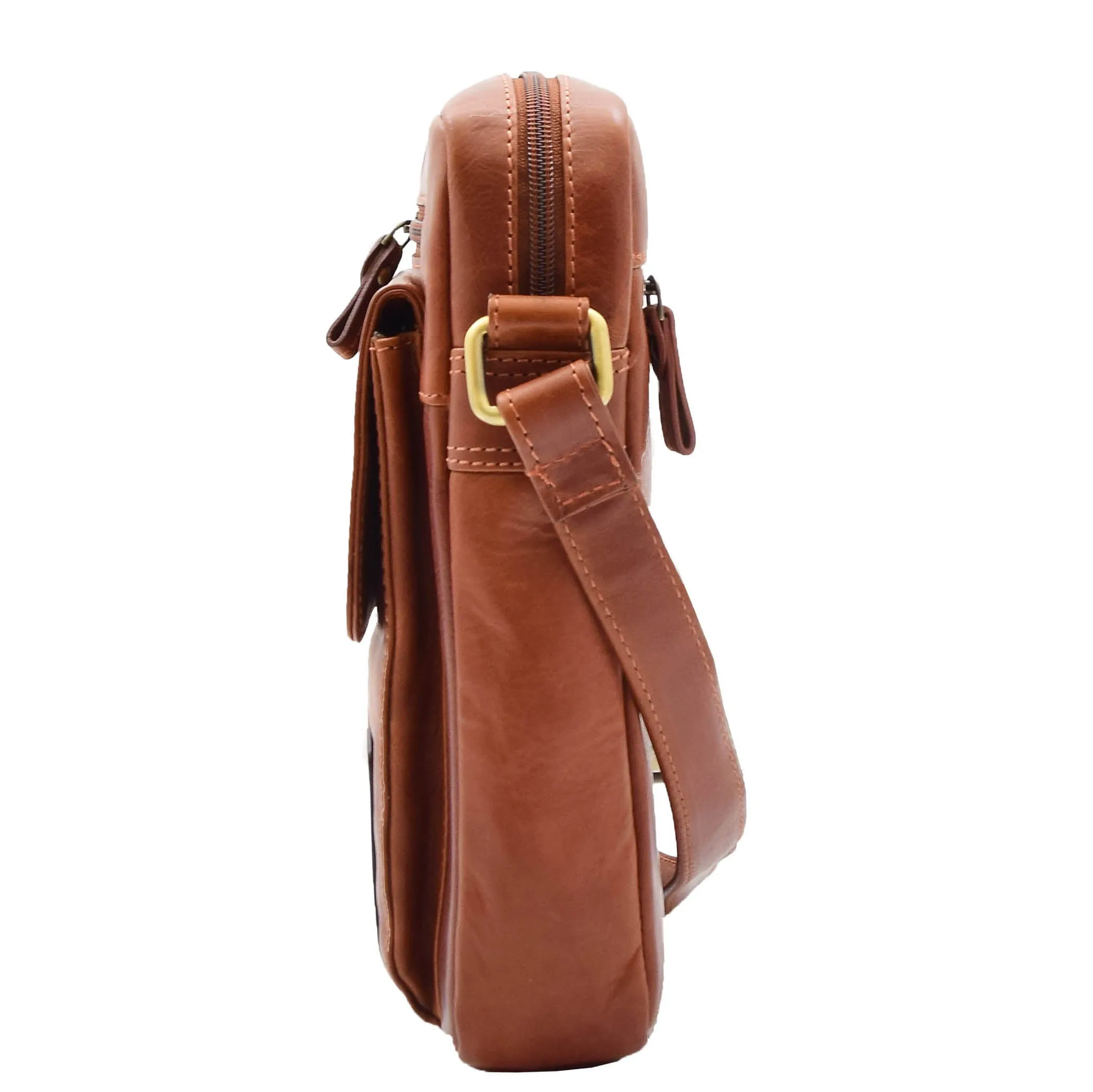 Mens Genuine Leather Trendy Messenger Cross Body Bag Casual Organiser Leo Chestnut