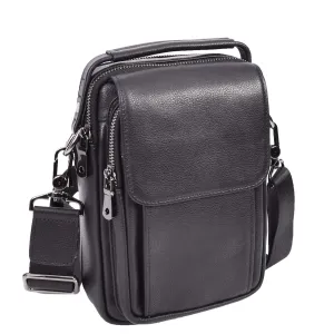 Mens Top Grain Black Leather Small Messenger Bag Multiple Pockets Casual Crossbody Organiser AD60