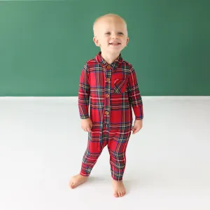 Red Tartan Plaid Long Sleeve Collared Henley Romper