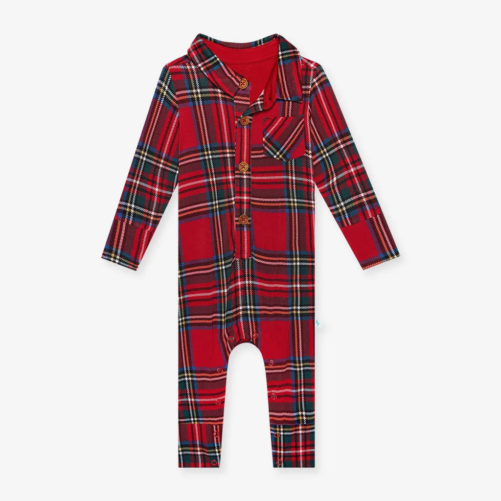 Red Tartan Plaid Long Sleeve Collared Henley Romper