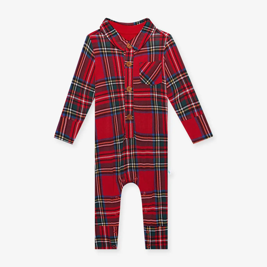 Red Tartan Plaid Long Sleeve Collared Henley Romper