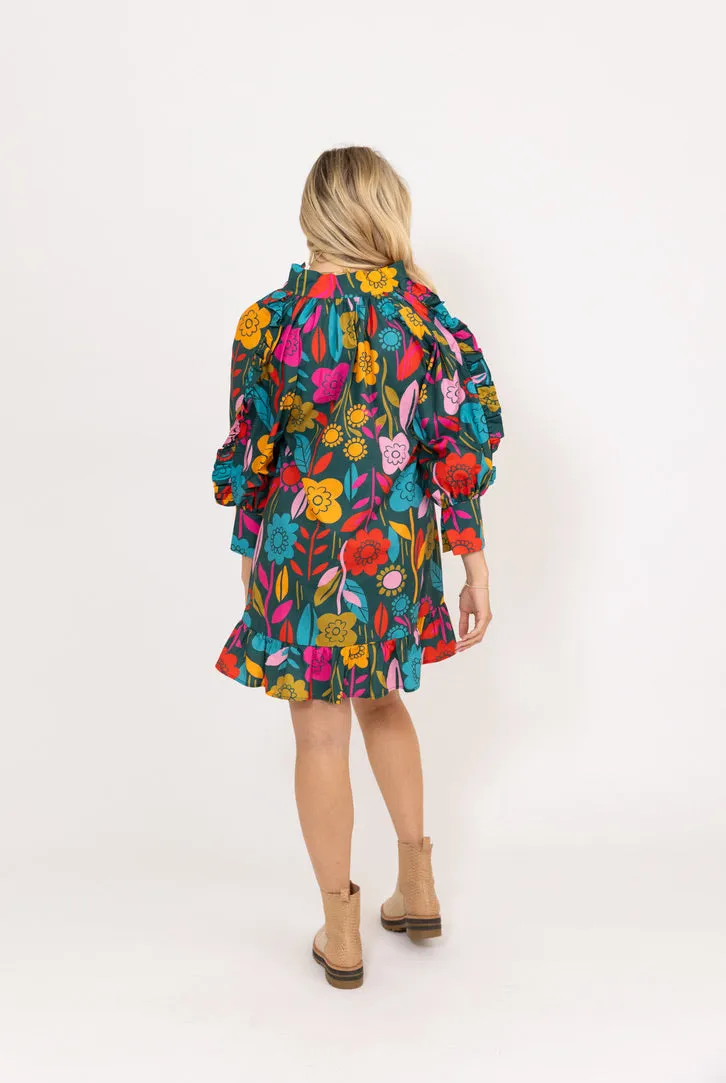 Retro Floral Garden Ruffle Dress