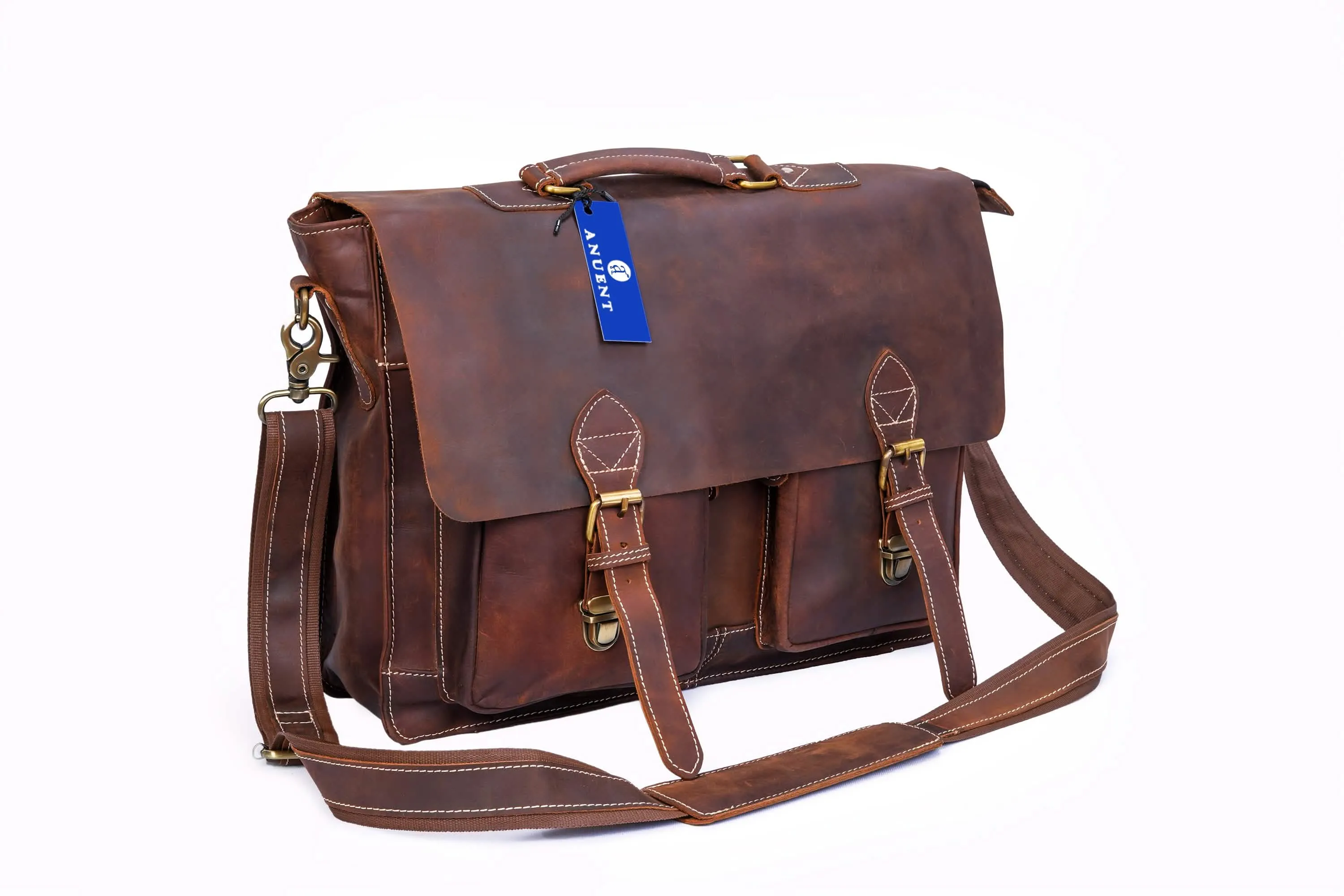 Stylish Handcrafted Brown Leather Laptop Briefcase with Ample Storage Solutions