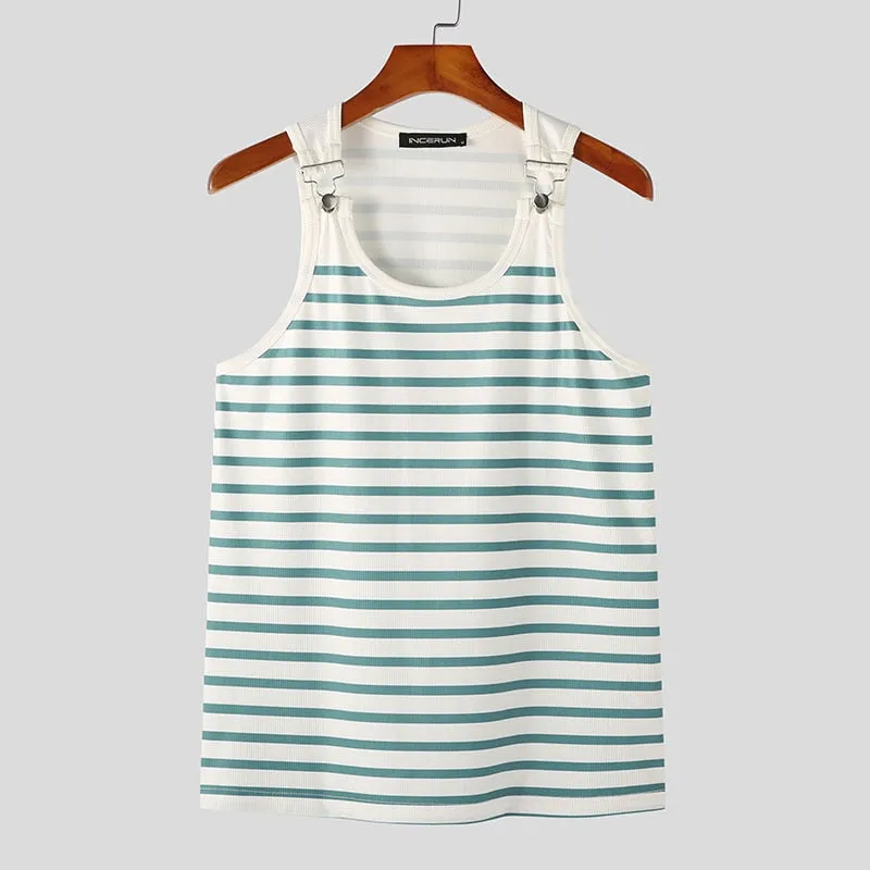 TEEK - Mens White Stripe Strap Buckle Tank