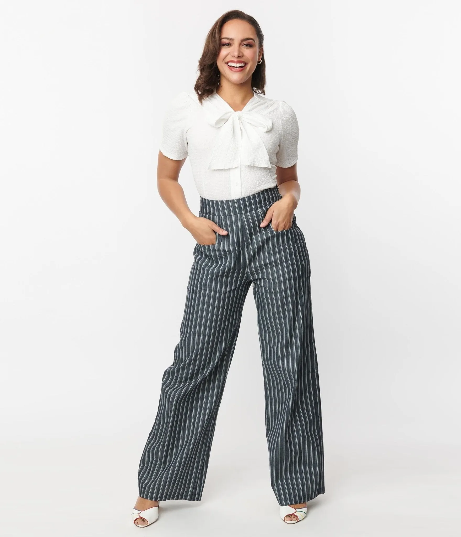 Unique Vintage 1940s Denim & White Stripe High Waist Sailor Ginger Pants