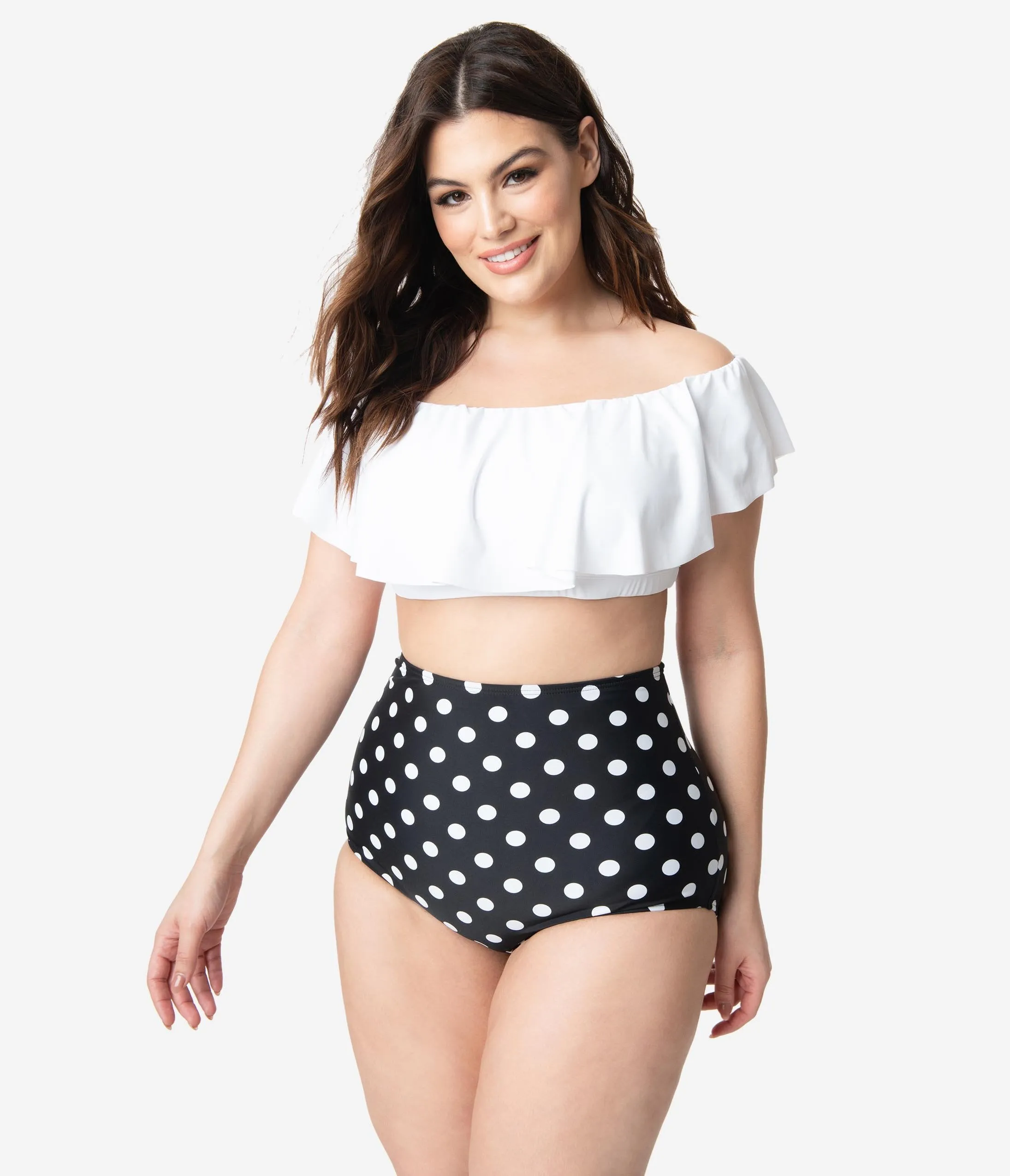 Unique Vintage Plus Size Black & White Dotted High Waist Louise Swim Bottoms