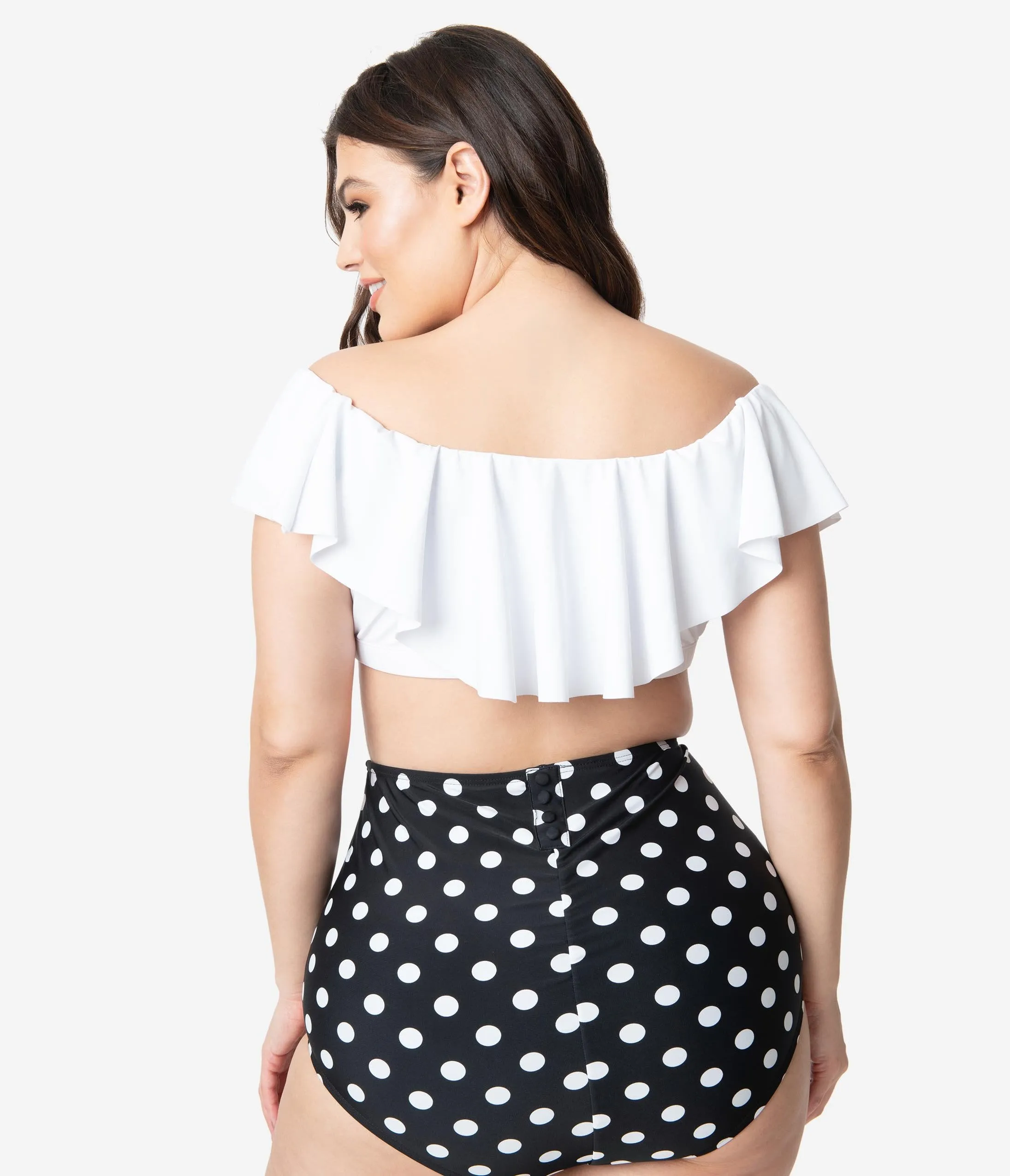 Unique Vintage Plus Size Black & White Dotted High Waist Louise Swim Bottoms