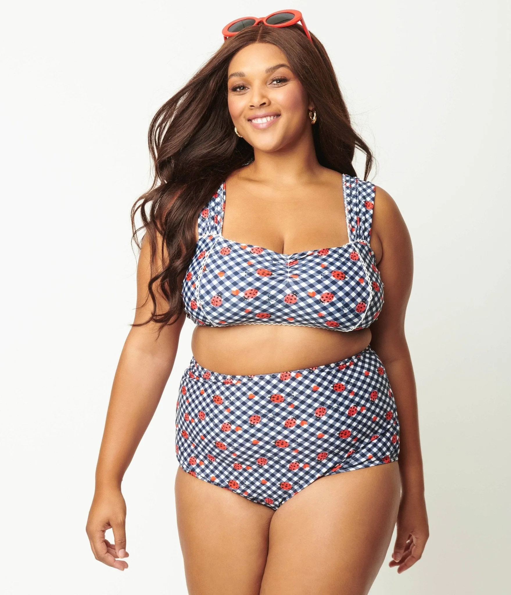 Unique Vintage Plus Size Navy Gingham & Ladybug Print High Waist Louise Swim Bottom