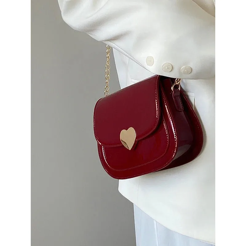 VAIGE Retro Red Patent Leather Love Heart Messenger Bag with Chain - Small Saddle Shoulder Handbag