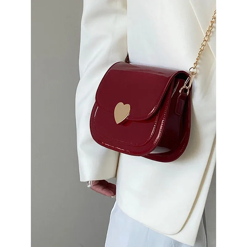 VAIGE Retro Red Patent Leather Love Heart Messenger Bag with Chain - Small Saddle Shoulder Handbag