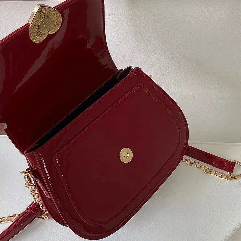 VAIGE Retro Red Patent Leather Love Heart Messenger Bag with Chain - Small Saddle Shoulder Handbag