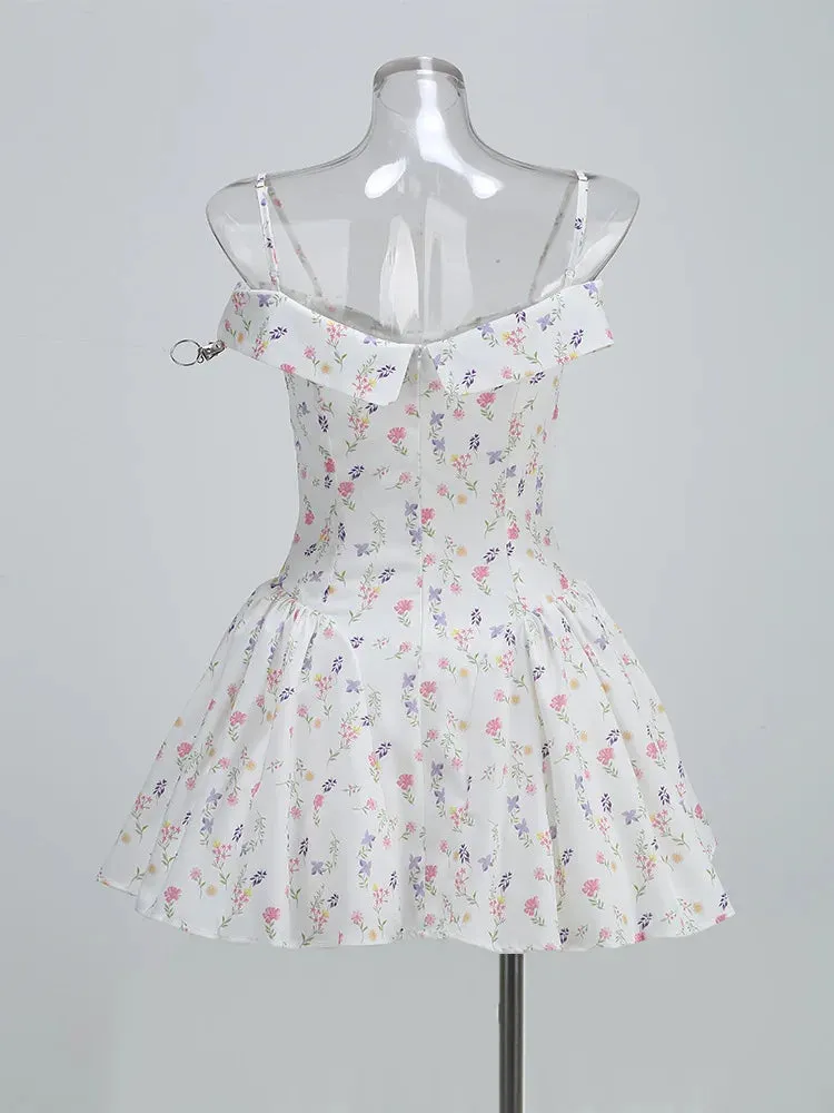 White Floral Print Charming Off-Shoulder Mini Dress