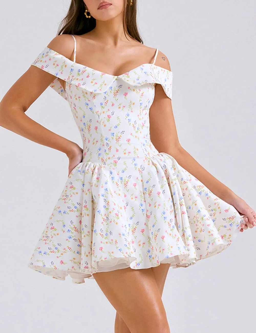 White Floral Print Charming Off-Shoulder Mini Dress