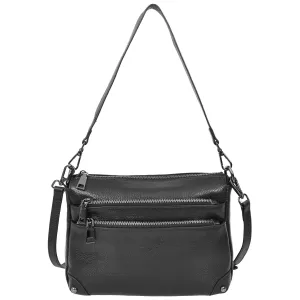 Womens Leather Shoulder Bag Classic Multiple Zip Pockets Handbag A188 Black